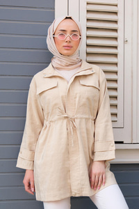 Çift Cep Bel Bağlamalı Ceket Krem