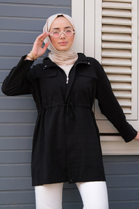 Çift Cep Bel Bağlamalı Ceket Siyah