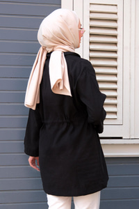 Çift Cep Bel Bağlamalı Ceket Siyah