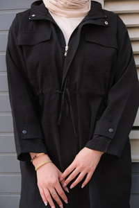 Çift Cep Bel Bağlamalı Ceket Siyah
