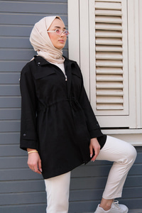 Çift Cep Bel Bağlamalı Ceket Siyah