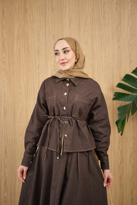 Çift Cep Detay Bel Bağlamalı Kot Takım Kahverengi