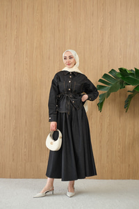 Çift Cep Detay Bel Bağlamalı Kot Takım Füme