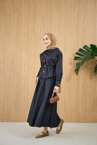 Çift Cep Detay Bel Bağlamalı Kot Takım Lacivert