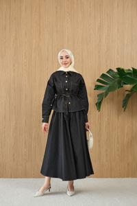 Çift Cep Detay Bel Bağlamalı Kot Takım Füme