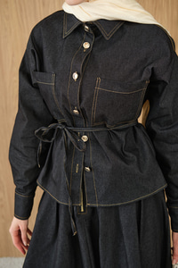 Çift Cep Detay Bel Bağlamalı Kot Takım Füme