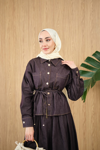 Çift Cep Detay Bel Bağlamalı Kot Takım Mürdüm