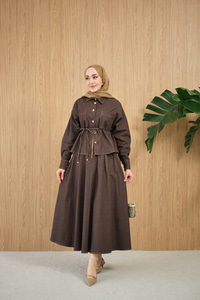 Çift Cep Detay Bel Bağlamalı Kot Takım Kahverengi