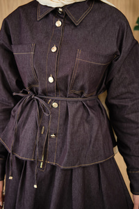 Çift Cep Detay Bel Bağlamalı Kot Takım Mürdüm