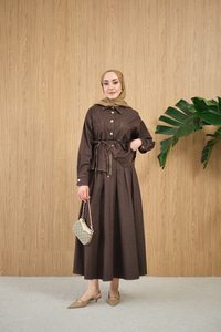 Çift Cep Detay Bel Bağlamalı Kot Takım Kahverengi