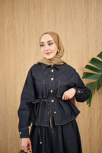 Çift Cep Detay Bel Bağlamalı Kot Takım Lacivert