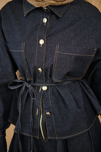 Çift Cep Detay Bel Bağlamalı Kot Takım Lacivert