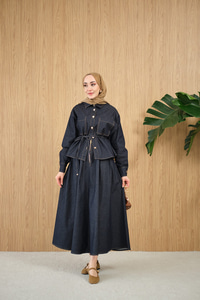 Çift Cep Detay Bel Bağlamalı Kot Takım Lacivert