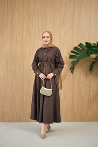 Çift Cep Detay Bel Bağlamalı Kot Takım Kahverengi