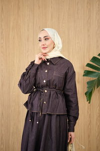 Çift Cep Detay Bel Bağlamalı Kot Takım Mürdüm