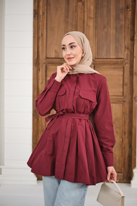 Çift Cep Detay Gizli Düğmeli Bel Bağlamalı Gömlek Bordo