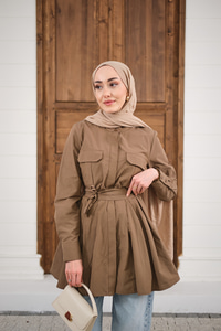 Çift Cep Detay Gizli Düğmeli Bel Bağlamalı Gömlek Kahverengi