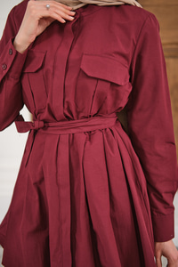 Çift Cep Detay Gizli Düğmeli Bel Bağlamalı Gömlek Bordo