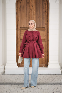 Çift Cep Detay Gizli Düğmeli Bel Bağlamalı Gömlek Bordo