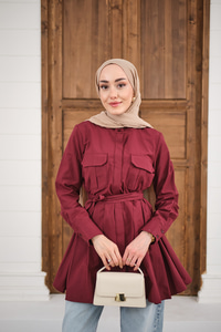 Çift Cep Detay Gizli Düğmeli Bel Bağlamalı Gömlek Bordo
