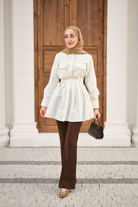 Çift Cep Detay Gizli Düğmeli Bel Bağlamalı Gömlek Beyaz