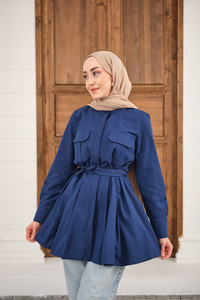 Çift Cep Detay Gizli Düğmeli Bel Bağlamalı Gömlek Lacivert