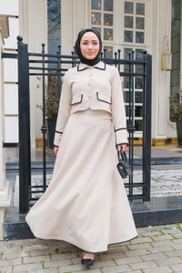 Çift Cep Detay Nakışlı İkili Takım Krem