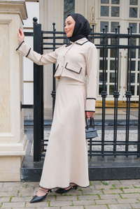 Çift Cep Detay Nakışlı İkili Takım Krem