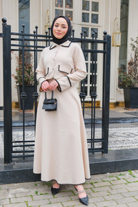 Çift Cep Detay Nakışlı İkili Takım Krem