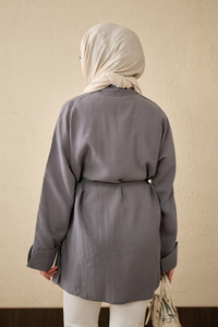 Çift Cep Detay Uzun Gömlek Gri