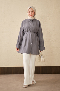 Çift Cep Detay Uzun Gömlek Gri