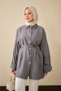 Çift Cep Detay Uzun Gömlek Gri