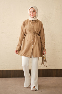 Çift Cep Detay Uzun Gömlek Vizon