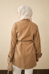 Çift Cep Detay Uzun Gömlek Vizon