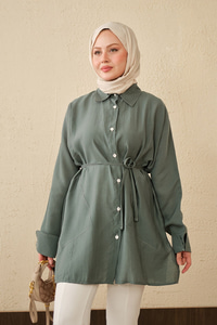 Çift Cep Detay Uzun Gömlek Yeşil