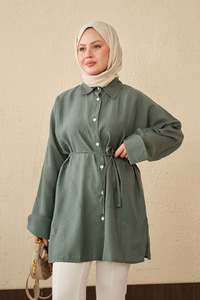 Çift Cep Detay Uzun Gömlek Yeşil