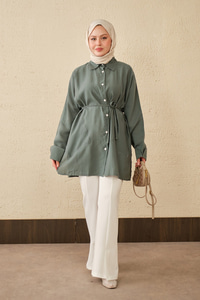 Çift Cep Detay Uzun Gömlek Yeşil