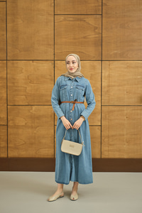 Çift Cep Detaylı Boydan Düğmeli Kot Elbise Buz Mavi