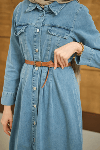 Çift Cep Detaylı Boydan Düğmeli Kot Elbise Buz Mavi