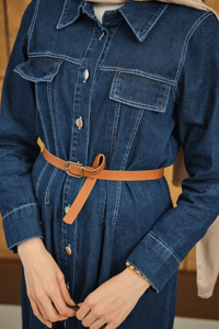 Çift Cep Detaylı Boydan Düğmeli Kot Elbise Lacivert