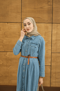 Çift Cep Detaylı Boydan Düğmeli Kot Elbise Buz Mavi