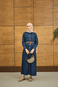 Çift Cep Detaylı Boydan Düğmeli Kot Elbise Lacivert