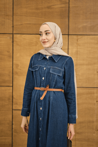 Çift Cep Detaylı Boydan Düğmeli Kot Elbise Lacivert