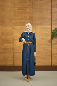 Çift Cep Detaylı Boydan Düğmeli Kot Elbise Lacivert