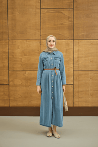 Çift Cep Detaylı Boydan Düğmeli Kot Elbise Buz Mavi