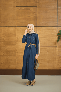 Çift Cep Detaylı Boydan Düğmeli Kot Elbise Lacivert