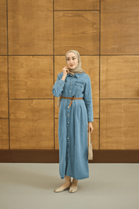 Çift Cep Detaylı Boydan Düğmeli Kot Elbise Buz Mavi