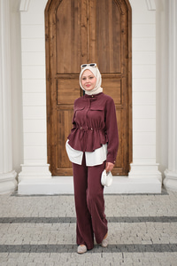 Çift Cep Detaylı Gizli Düğmeli Parçalı Takım Mürdüm