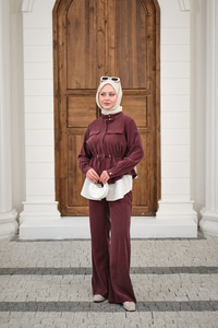 Çift Cep Detaylı Gizli Düğmeli Parçalı Takım Mürdüm