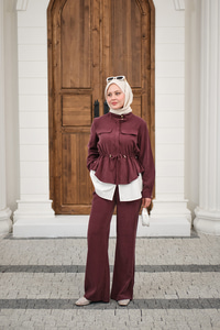 Çift Cep Detaylı Gizli Düğmeli Parçalı Takım Mürdüm